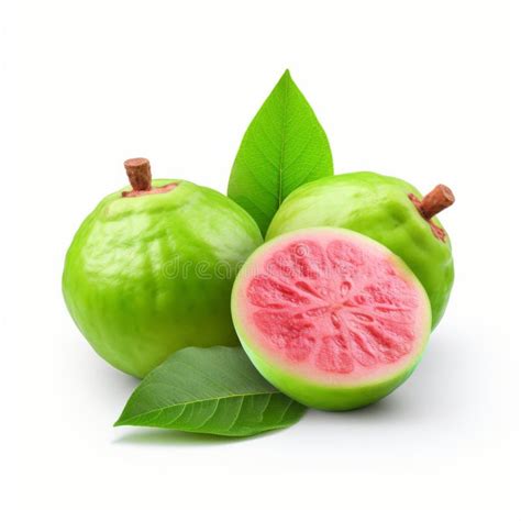 Guava Fruit Sliced And Cut With Leaves In Light Green And Pink Stock