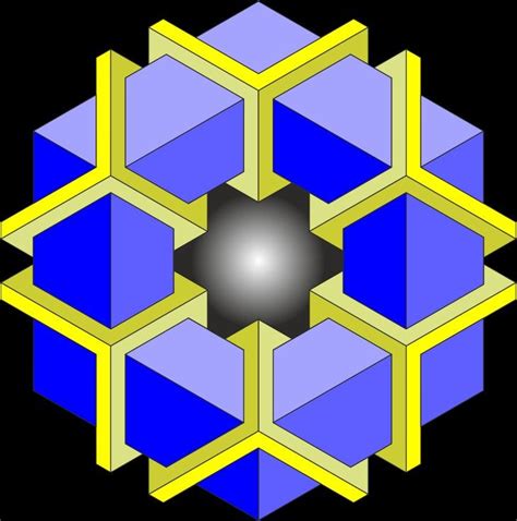 A Blue And Yellow Hexagonal Object With A Black Center Surrounded By