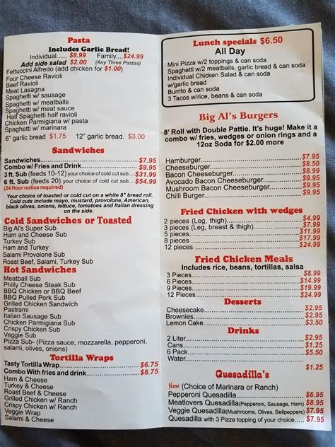 Menu at Big Al's Pizza pizzeria, Lake Los Angeles, 170th St E