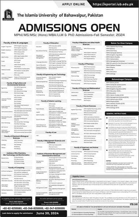 Islamia University Of Bahawalpur Ms Mphil Msc Mba Phd Admissions