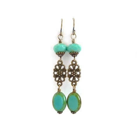 Turquoise Earrings Picasso Czech Glass Beads Bronze Filigree Long Boho