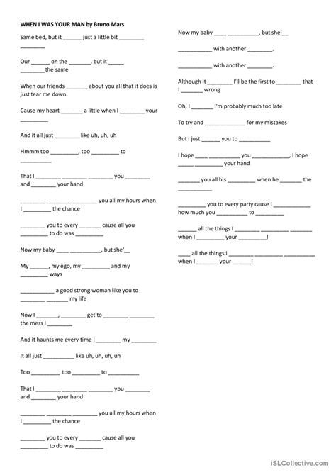 When I Was Your Man By Bruno Mars English ESL Worksheets Pdf Doc