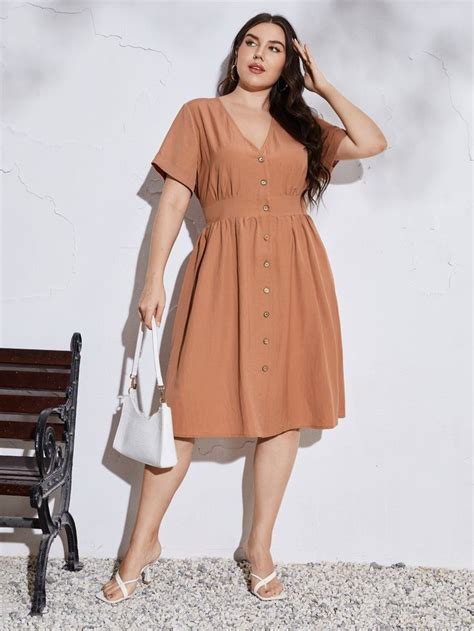 Plus Solid Button Front Dress Casual Dresses Plus Size Cotton Dress