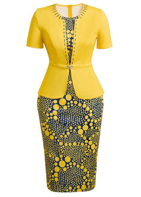 Yellow Fake In Polka Dot Short Sleeve Bodycon Dress Modlily