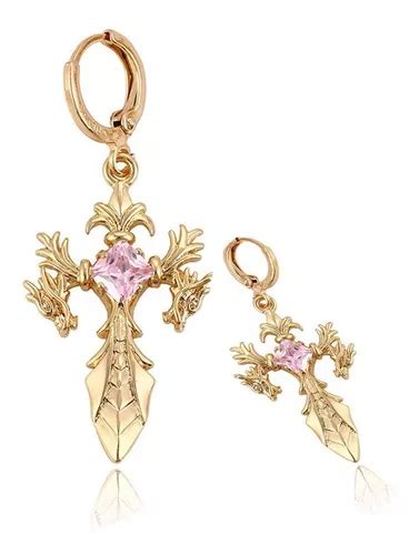 Aretes Oro 18k Lam Espada Cruz Zirconia Rosa Regalo Mama Amo Meses