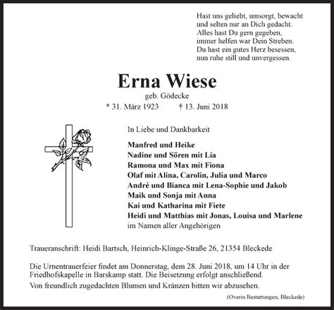 Traueranzeigen von Erna Wiese Trauer Lüneburg de