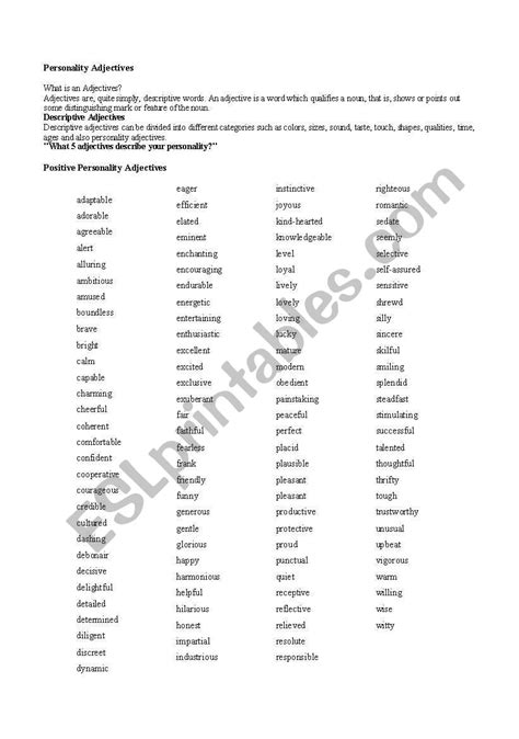 Personality, Positive & Negative Adjectives - ESL worksheet by Pecosita