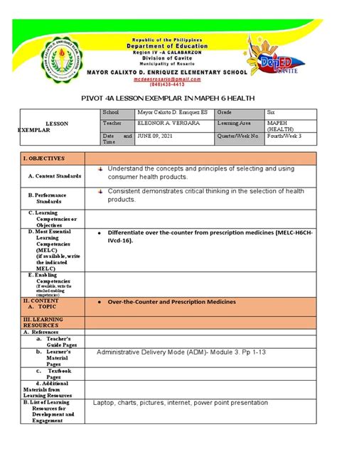 Pivot 4a Lesson Exemplar In Mapeh 6 Pdf Over The Counter Drug