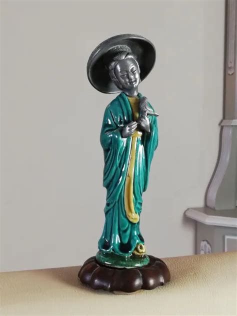 STATUETTE CHINOISE ancienne en céramique émaillée et étain EUR 189 90