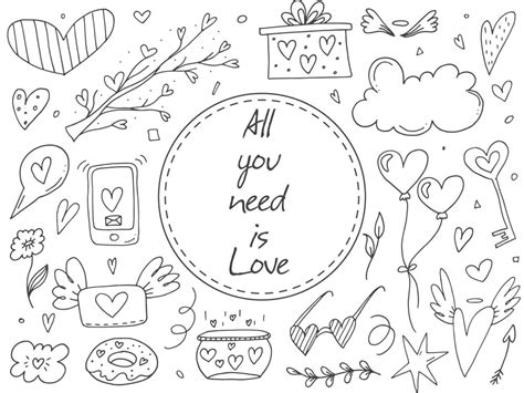 Big Set Of Cute Hand Drawn Doodle Elements About Love Message Stickers