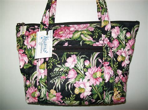 Quilted Fabric Handbag Purse Black With Beautiful Pink Flowers