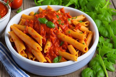 Premium AI Image A Bowl Of Penne Pasta With Basil Leaves On A Blue Table