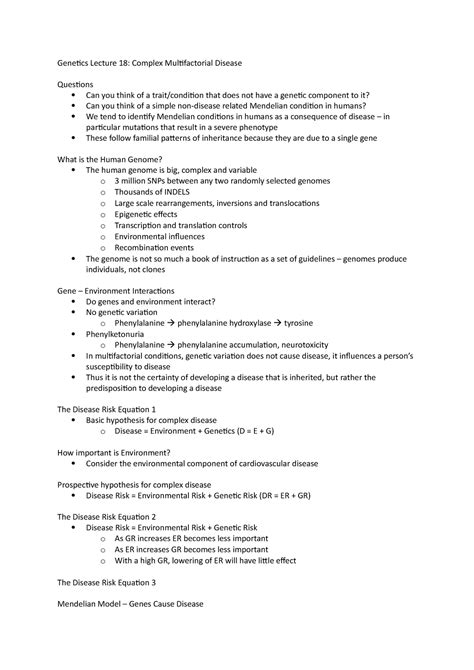 Lecture 18 Notes Complex Multifactorial Disease Genetics Lecture 18