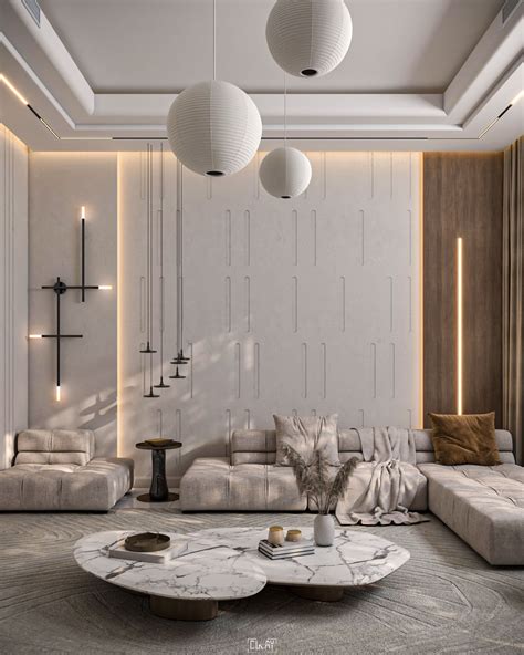 Modern Living Room With White Walls And Marble Furniture