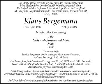 Traueranzeigen Von Klaus Bergemann Trauer In Nrw De