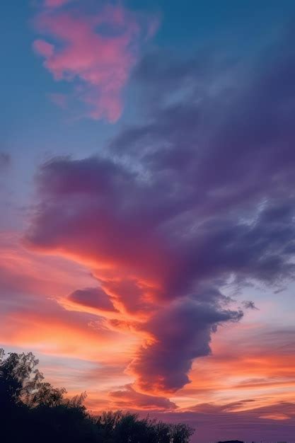 Premium Photo | A sunset with a big cloud in the sky over a field