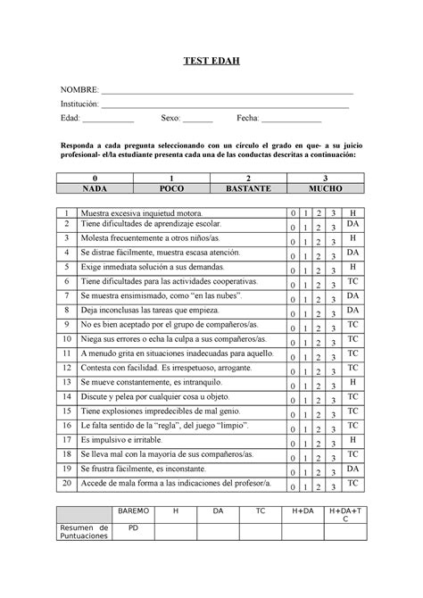 Test Edah Test De Edah Para Medir Hiperactividad Y Déficit De Atención Test Edah Nombre