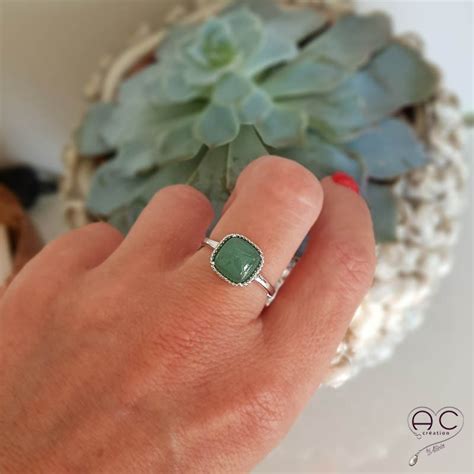 Bague pierre naturelle vert cabochon carrée aventurine argent femme