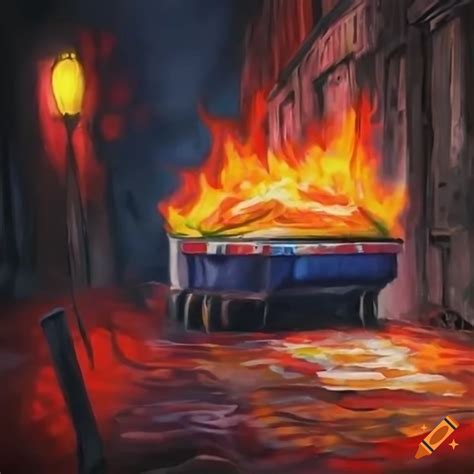 Realistic Painting Of A Dumpster Fire In An Alley