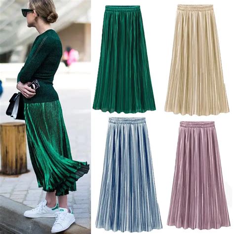 Ladies Women Skirts Long Midi Pleated Skirt Elastic Waist Double Layer