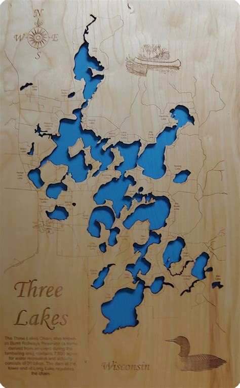 Three Lakes Chain Wisconsin Laser Cut Wood Map Wood Map Three