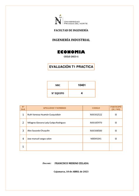 Evaluación t1 economia FACULTAD DE INGENIERÍA INGENIERÍA INDUSTRIAL