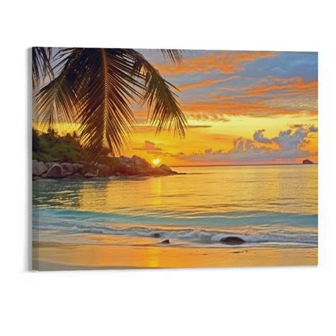 Shiartex Canvas Wall Art Tropic Beach Sunset With Palm Tree Leaves