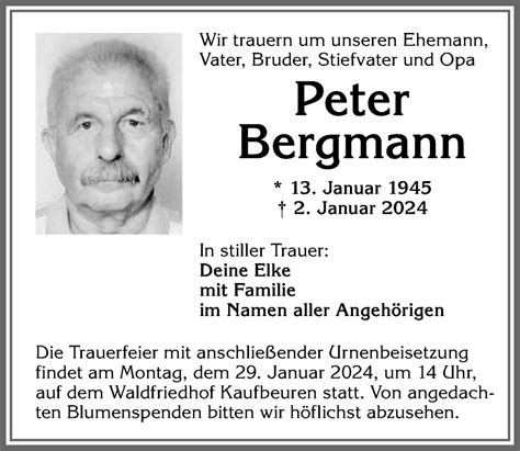 Traueranzeigen Von Peter Bergmann Allg Uer Zeitung