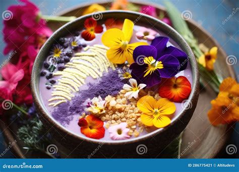 Decorating Smoothie Bowl With Edible Flowers Stock Illustration