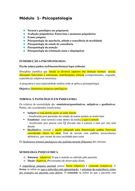 Módulo 1 Psicopatologia Módulo 1 Psicopatologia Normal E Patológico