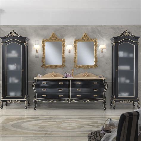 Mobile Lavabo Doppio Luxury Finitura Laccato Nero Foglia Oro