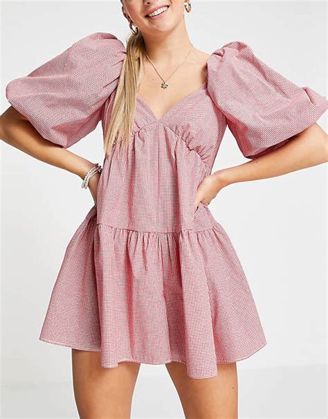 Asos Design Puff Ball Playsuit In Red Gingham Asos