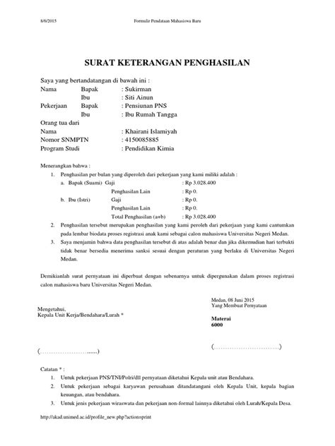 Detail Contoh Surat Keterangan Penghasilan Pns Koleksi Nomer