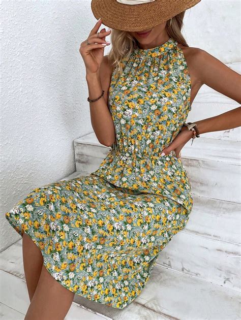 SHEIN VCAY Vestido de Cintura Marcada Estampa Floral Miúda de