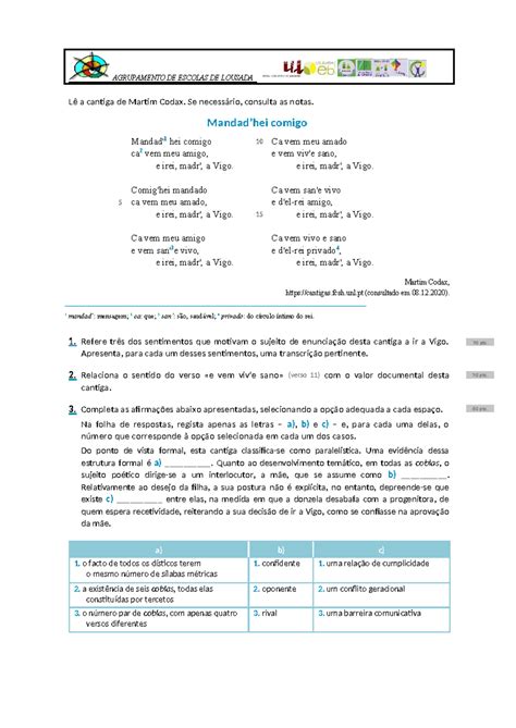 Exercicios 4 Ano Sobre Martim Afonso - Exercícios sobre Gramática: Análise da Cantiga de Martim Codax - Studocu