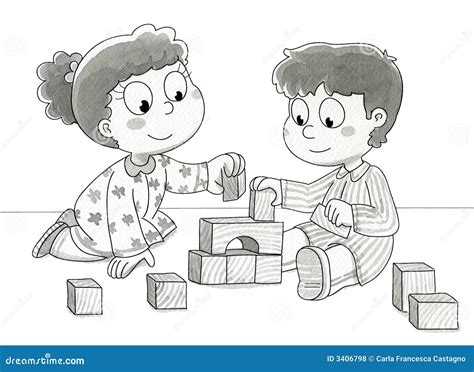 Cute kids playing - bw stock illustration. Illustration of cute - 3406798