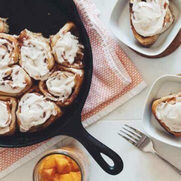 vegan cinnamon rolls with spiced whiskey peaches - hot for food 