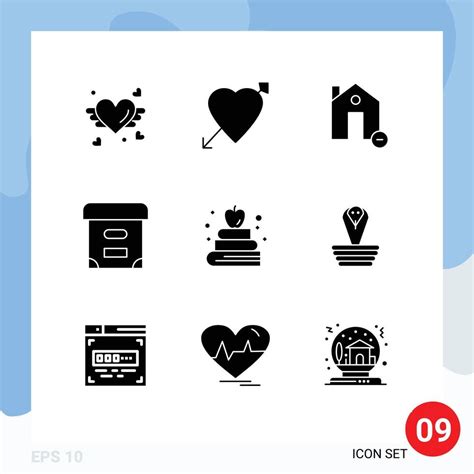 Set Of 9 Vector Solid Glyphs On Grid For Book Documents Buildings Box