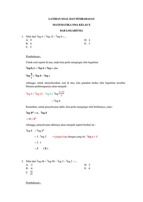 Solution Latihan Soal Dan Pembahasan Logaritma Sma Kelas X Studypool