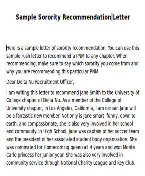 FREE 5+ Sample Sorority Recommendation Letter Templates in MS Word | PDF