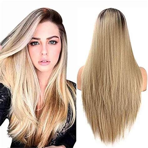 Peluca rubia Ombre para mujer pelo largo recto raíz oscura rubio