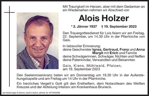 Traueranzeigen Von Alois Holzer Trauer Bz