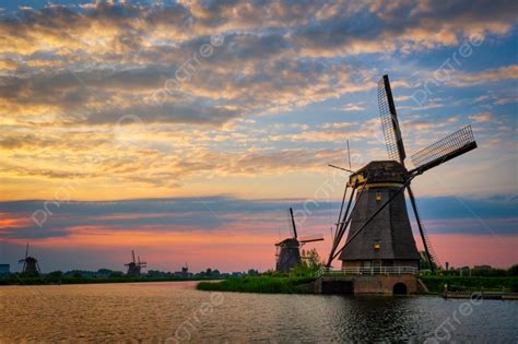 Netherlands Rural Lanscape With Windmills At Famous Tourist Site