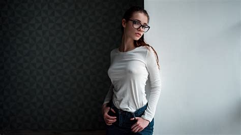 Wallpaper Black Model T Shirt Women With Glasses Brunette Dress Jeans Georgy