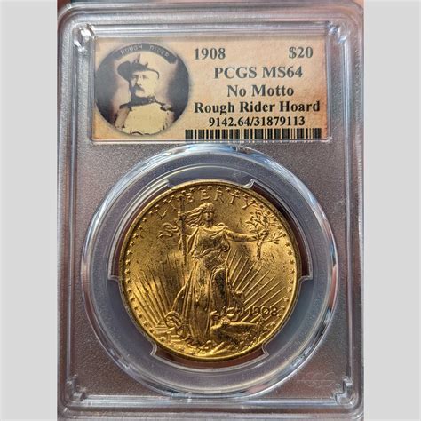 1908 No Motto 20 St Gaudens PCGS MS64 Rough Rider Hoard Rare Coins