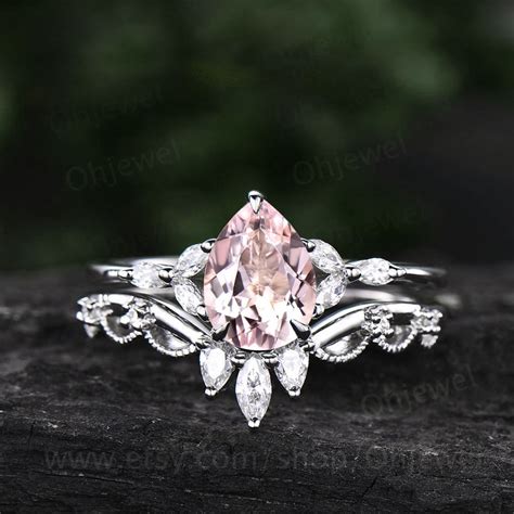 Unique Pear Shaped Pink Morganite Engagement Ring Set Rose Etsy