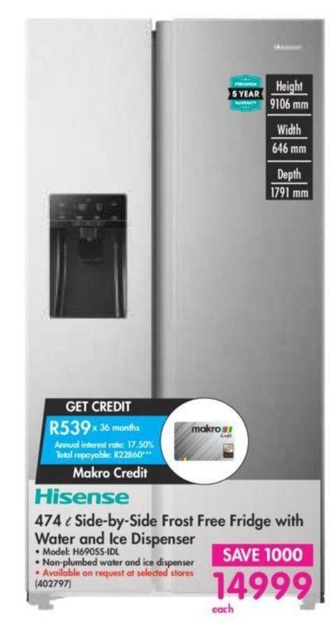 Hisense 474l Side By Side Frost Free Fridge With Water And Ice