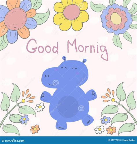 Good Morning Card with Funny Hippo in Vector. Stock Vector ...