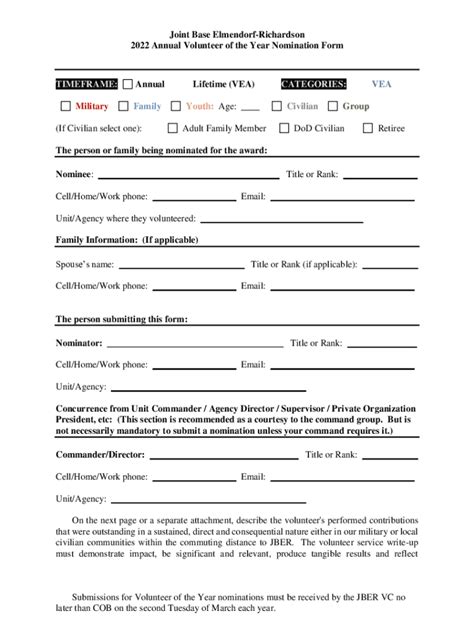 Fillable Online Jber Volunteer Of The Year Nomination Form Fax Email