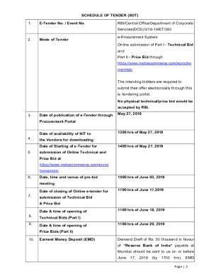 Fillable Online Page 2 SCHEDULE OF TENDER SOT 1 E Tender No Fax